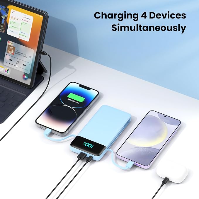 Portable Charger with Built-in AC Plug and Cables,13800mAh All in One USB C Fast Charging Power Bank,Travel Essentials Portable Phone Charger Battery Pack for iPhone 17/16/13,Galaxy,Android-Light Blue - Image 7