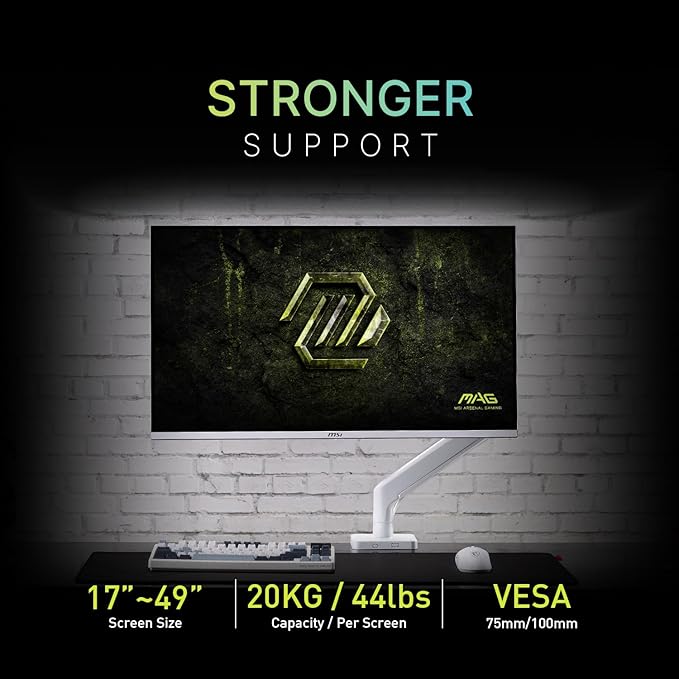 MSI MAG MT201W - Premium Heavy Duty Single Monitor Stand Arm, Supports 17-49" and 44 lbs, VESA Compatible, Adjustable Spring Assisted Mount, Clamp & Grommet, Quick Release Plate - Black - Image 3