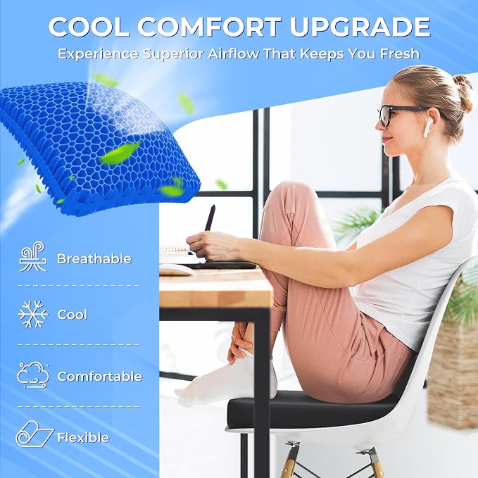 TushGuard Gel Seat Cushion for Long Sitting, Breathable Thick Patent Design | Enlarged Cooling Chair Pad for Office Chair, Wheelchair, Desk Chair, Supportive Car Cushion (Standard, Black+Blue) - Image 3