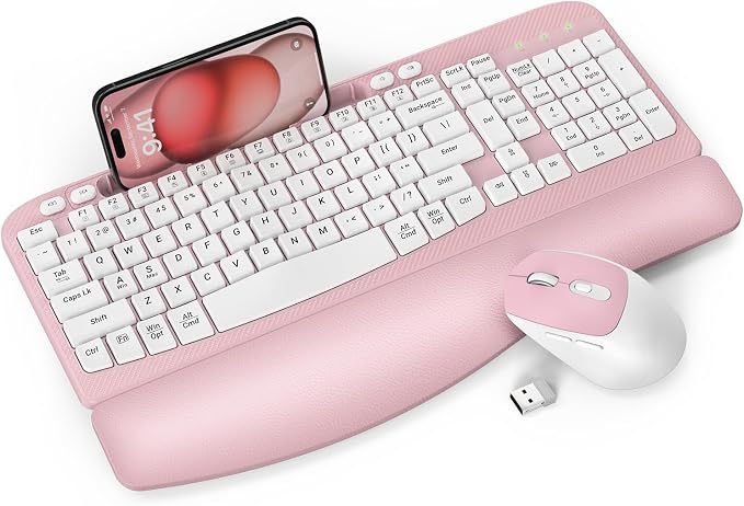 Wireless Keyboard and Mouse Combo, Full-Sized Ergonomic Wave Keys Keyboard with Memory Foam Wrist Rest & Phone Holder, 2.4G Quiet Keyboard Mouse Work Setup for PC Laptop, Office or Home (Pink) by Unknown