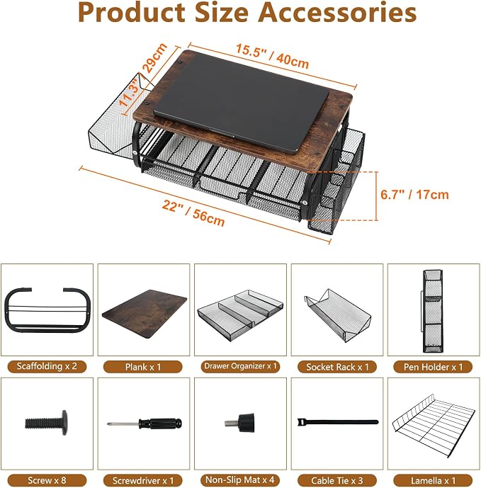 Desk Organizers and Accessories Monitor Riser, Monitor Stand with Drawer (2-Tier Drawers) with Large Side Storage Rack & Cable Management,66LBS/30KG, Office Organization, Walnut Brown - Image 4