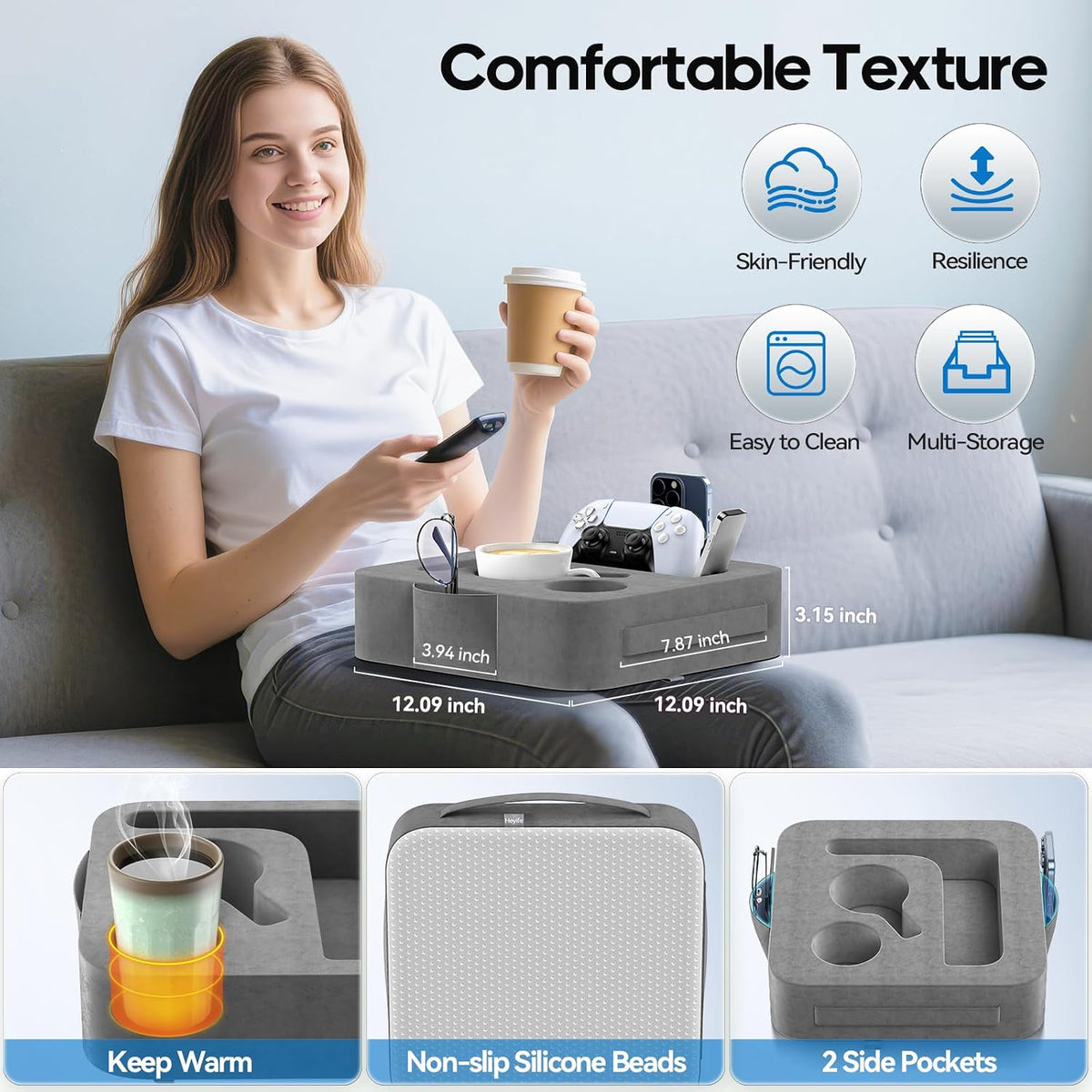 Couch Cup Holder Pillow, Sofa and Bed Caddy for iPad, Kindle, Switch, Game Controller, Remotes, Phones, Small-Sized Cup & Drink Holder for Couch, Bed, Desk, Car, Beach, Bathroom Cup Holder, Deep Gray - Image 5
