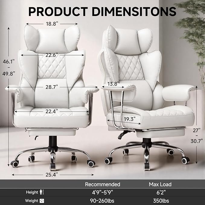 GTPLAYER Gaming Chair,Office Chair with Pocket Spring Lumbar Support, Ergonomic Comfortable Wide Office Desk Computer Chair with Outward Fixed Soft Armrests and Footrest,(PU Leather, White) - Image 3
