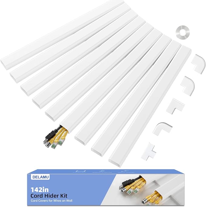 Delamu Large 142in Cord Hider for 3-4 Cords, Cord Covers for Wires on Wall, Easier Install Wire Covers for Cords on Wall, Cable Wire Hider, Cable Cover Management Raceway, W1.18 H0.63in, White by DELAMU