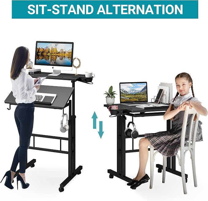 Klvied Adjustable Height Standing Desk with Cup Holder, Portable and Easy to Move, Ideal for Home or Office, Black - Image 5