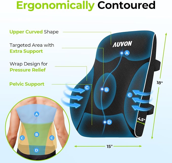 AUVON Office Lumbar Support Pillow with Patented Bulge for Back Support | Ergonomic Office Home Essentials Improve Posture, Memory Foam Chair Cushion for Home, Office, Car, Mesh Cover, Double Straps - Image 3