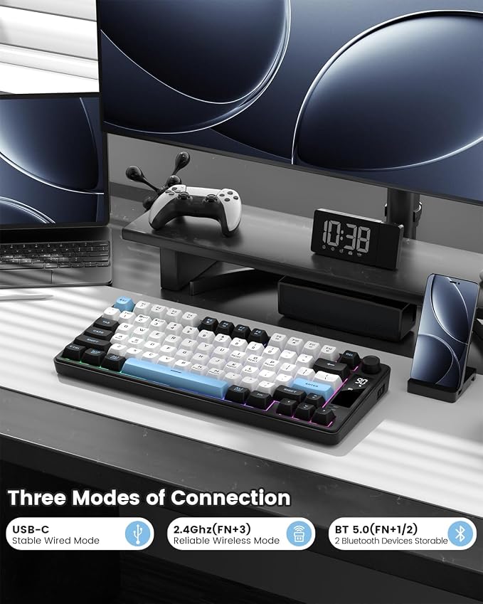 DK75 75% Wireless Gaming Keyboard, RGB Backlit Creamy Keyboard with Media Knob, OLED Screen, Tri-Mode 2.4GHz/USB-C/BT5.0, Anti-Ghosting No-Conflict Silent Membrane Keyboard for MAC Windows - Image 3
