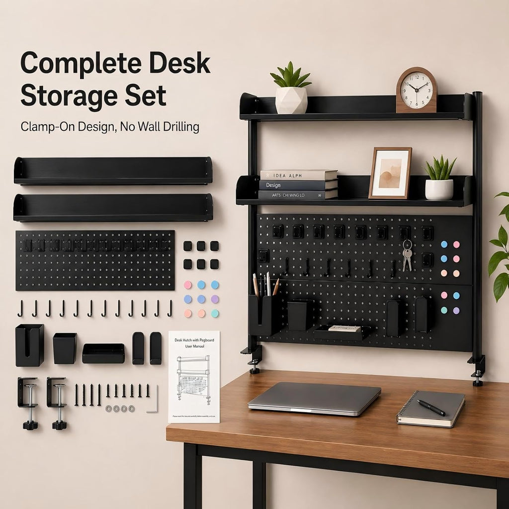 Clamp-On Desk Hutch with Pegboard, 39.5 x37.5in 2-Tier Desktop Organizer Shelf, Carbon Steel Frame with 2 Shelves and Pegboard Storage, for Office, Dorm, Study - Image 7