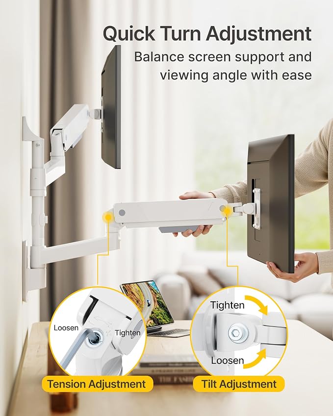 monTEK Vertical Dual Monitor Wall Mount for 17-35" Screens, 35.2 Lbs Each | Heavy Duty Dual Monitor Arm, Full Motion, 75x75/100x100 Compatible, for Flat/Curved Monitors, Home Office & Gaming, White - Image 6