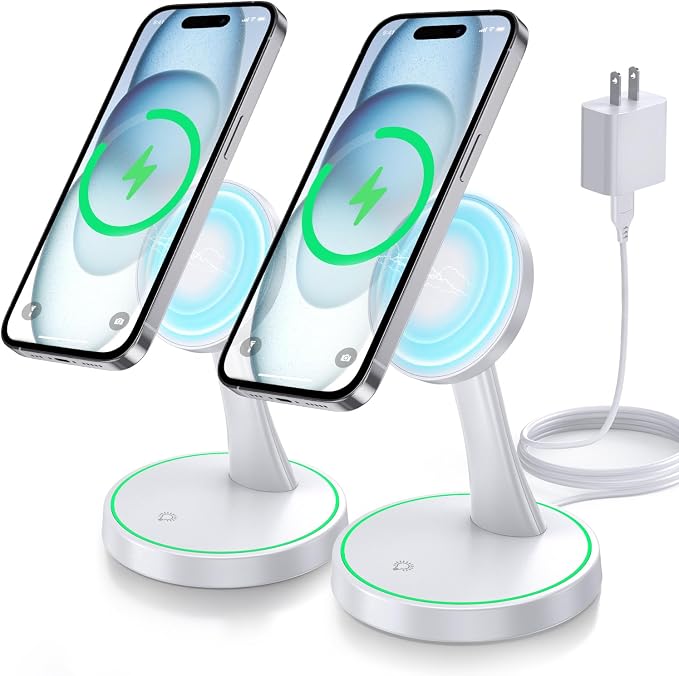 2 Pack Magnetic Wireless Charger Stand 15W Fast Mag-Safe Charger for iPhone iPhone 17 /17 pro/ 17 Air/ 17 pro max 16/15/14/13/12 Series Magnet Wireless Charging Station with Light for AirPods by Verticalmagneticcharging
