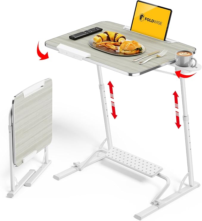 Upgraded Folding TV Tray Table, Sturdy Couch & Dinner Laptop Table | Adjustable Height & Angle Portable Desk for Eating, Work & Recliner; Includes Footrest, Cup Holder, iPad Holder, Edge Stopper by FoldWise