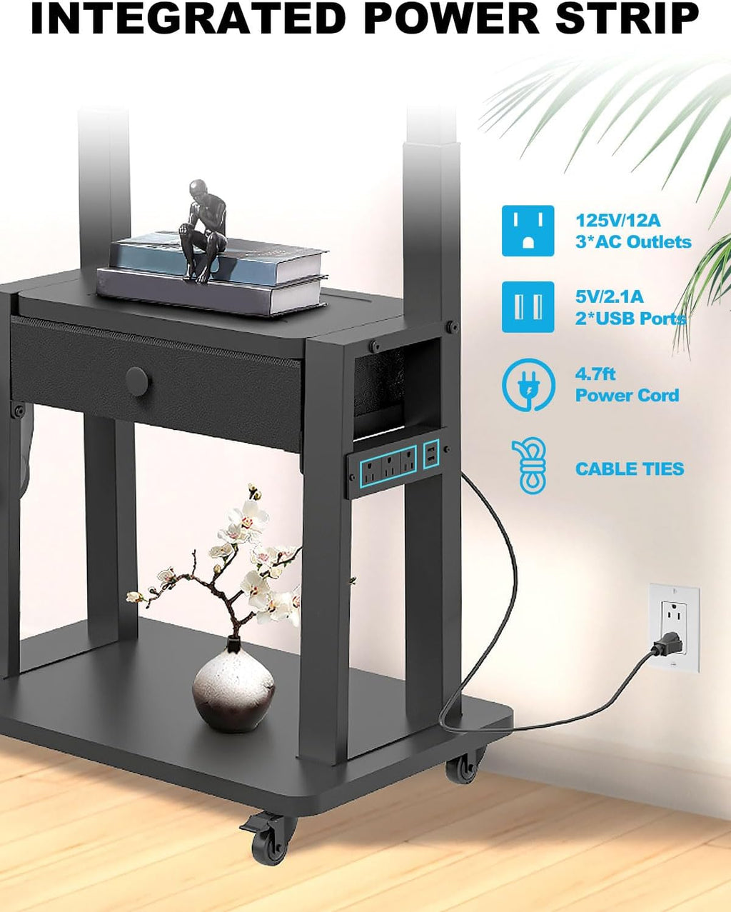 Rolling TV Stand with Power Outlet and Fabric Drawer for 32-75 Inch Flat/Curved Screen up to 220lbs LCD/LED/OLED Adjustable Height Mobile TV Cart with Wheels for Home Office Max VESA 600x400mm Black - Image 5