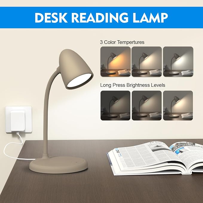 LED Desk Lamp for Home Office,Dimmable Table Lamp 3 Light Colors | Reading Light for Bedside Small Desk Lamp for College Dorm Room,Bedroom Desk Light,Brown - Image 5