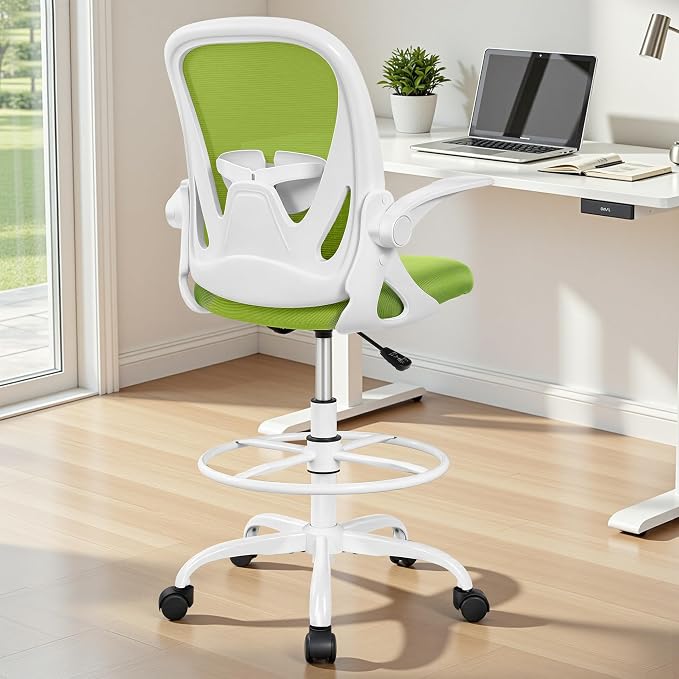 Drafting Chair Tall Office Chair with Flip-up Armrests Executive Ergonomic Computer Standing Desk Chair with Lumbar Support and Adjustable Footrest Ring (Green) - Image 2