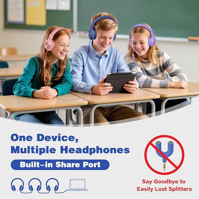 SIMOLIO USB C Wired Kids Headphones, Built-in Microphone & Share Port | USB C to 3. 5mm Dongle, 3-Level Volume Limiter, Over-Ear Headsets w/Pouch, Foldable for Airplane Travel School iPad - Image 3