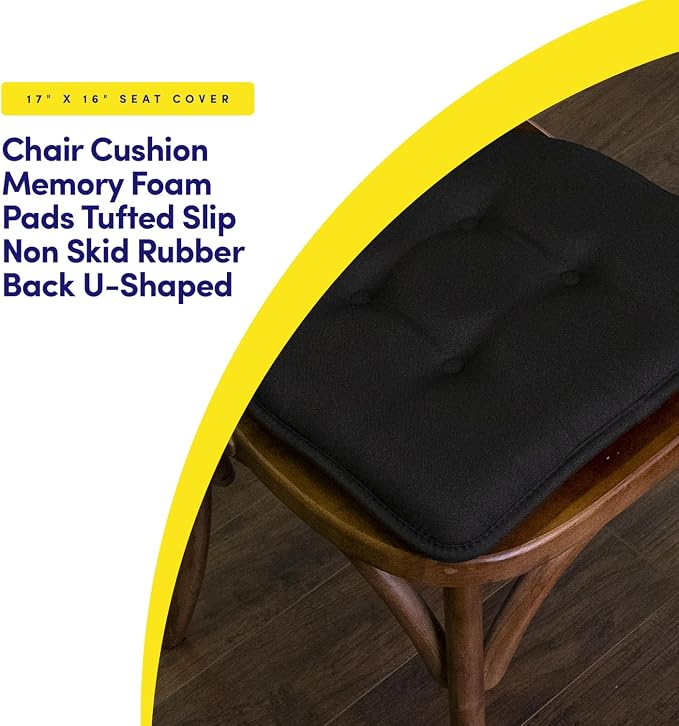 Sweet Home Collection Chair Cushion Memory Foam Pads Tufted Slip Non Skid Rubber Back U-Shaped 17" x 16" Seat Cover, 4 Count (Pack of 1), Black - Image 3