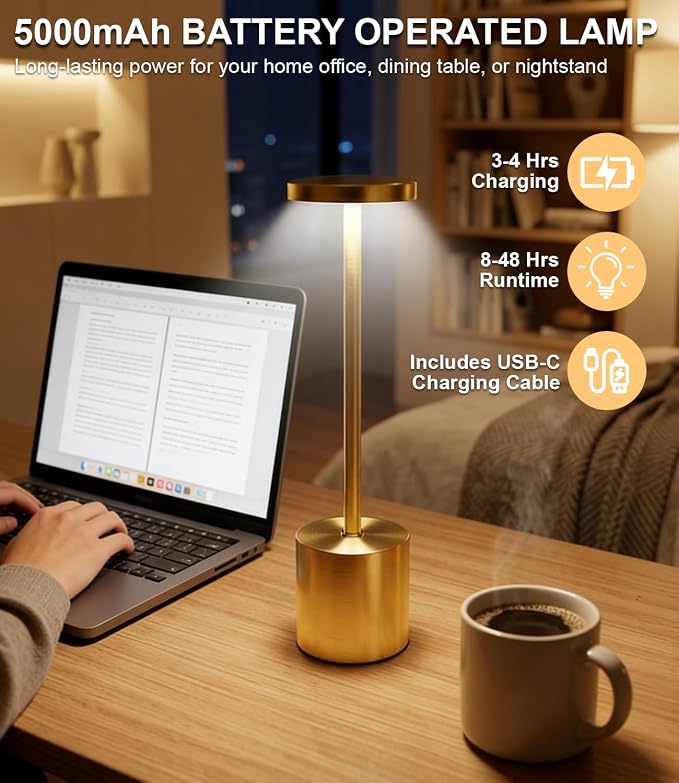 Swinerton Cordless Table Lamp Set of 2, Gold 5000mAh Rechargeable Battery Operated Lamps, Wireless 3 Color Dimmable Touch Lamp Table Light for Restaurant Dining Patio Outdoor, Home Decor - Image 4
