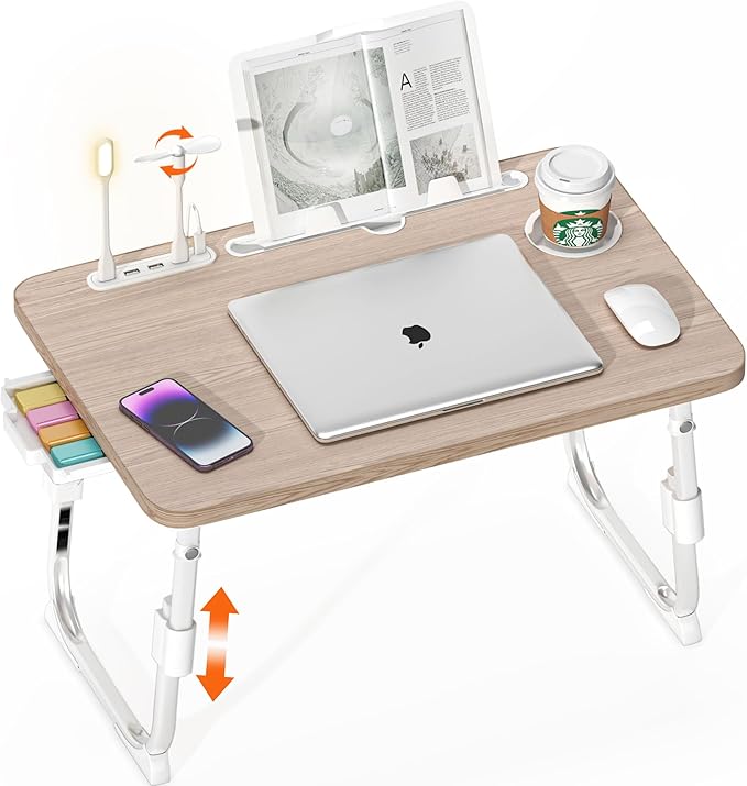 Lap Desk for Bed Adjustable Height with USB Port 23.6" x15.7" Desktop | Storage Drawer, Bookshelf, Fits 17" Laptop, For couch WFH Study, Foldable Non-Slip No Assembly Sturdy Lightweight Glacier by PlayimaginationtodecorateHomeOffice