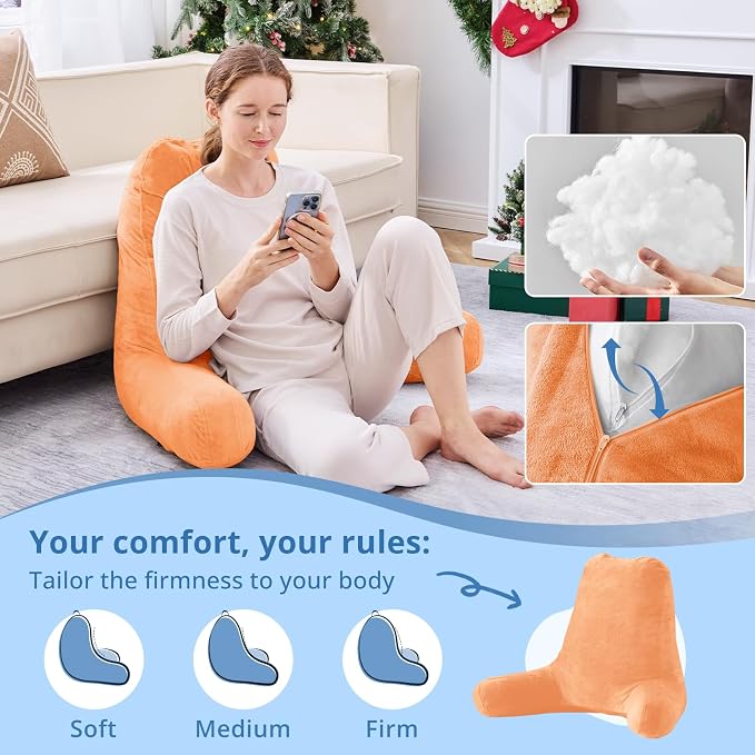 Sasttie Reading Pillow for Bed, Back Pillow for Sitting Up, Orange | 25" Backrest Support Cushion for Couch, Sofa, and Floor, Dorm Essentials, OEKO-TEX, Adjustable Down Alternative Fill - Image 3