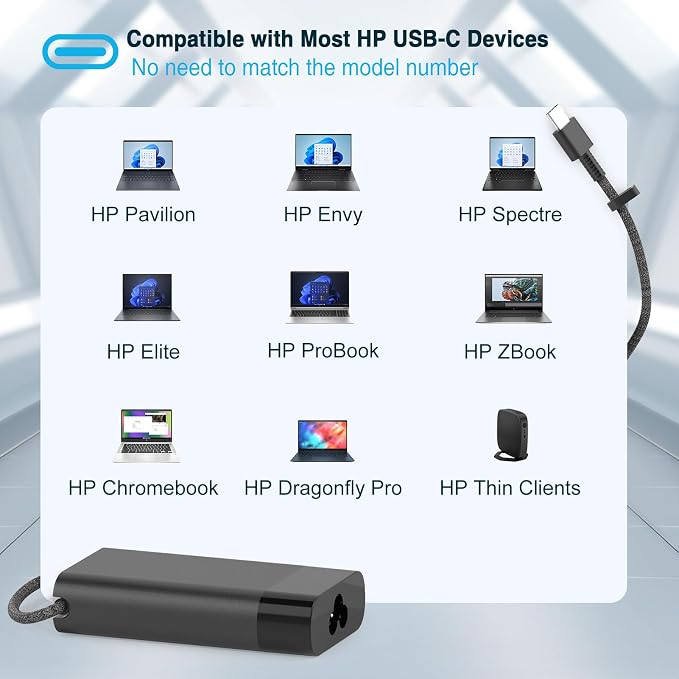 Laptop Charger for HP Spectre Envy Elite EliteBook X360 X2 2-in-1 Chromebook Pavilion Dragonfly, New Slim 65W 45W USB C Charger 10FT, Universal Type C Power Adapter, Super Durable, Original Quality - Image 3