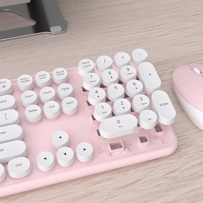 UBOTIE Colorful Wireless Keyboard and Mouse Combo (Pink-White) | Retro Typewriter Floating Full-Sized Keys Computer Keyboard with Optical Mouse, 2.4GHz USB Connection for Windows Mac - Image 4