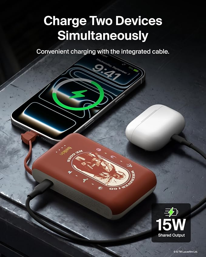 Belkin Disney Mandalorian and Grogu 10000mAh 20W USB C Power Bank Charger | Fast Charging, Integrated USB C Cable, Extra USB C Port, iPhone 17, iPad, Samsung Galaxy S26, Charge 2 Devices - Image 3