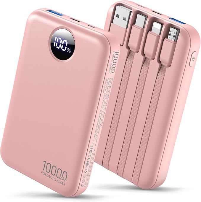 Portable Charger 10000mAh with 4 Built-in Cables 40% Smaller | Power Bank Fast Charging Battery Pack,LED Display Compact with Travel Charger for iPhone Other Devices-Pink by Zmmyuluo