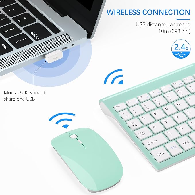 Wireless Keyboard and Mouse Ultra Slim Combo, TopMate - Mint Green | 2.4G Silent Compact 2400DPI Mouse and Scissor Switch Keyboard Set with Cover, Batteries Included, for PC/Laptop/Windows/Mac - Image 3