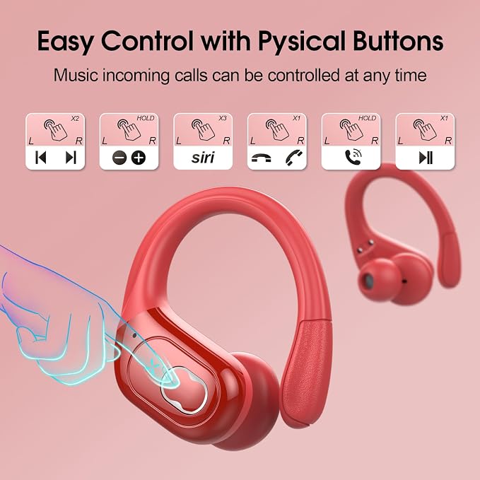 Wireless Earbuds 75H Bluetooth 5.4 Sport Headphones with Earhooks, Red | IPX7 Waterproof In-ear Buds Feature ENC Noise Cancelling Mic & Deep Bass. Stereo Sound Device for Gym Running Workout - Image 7