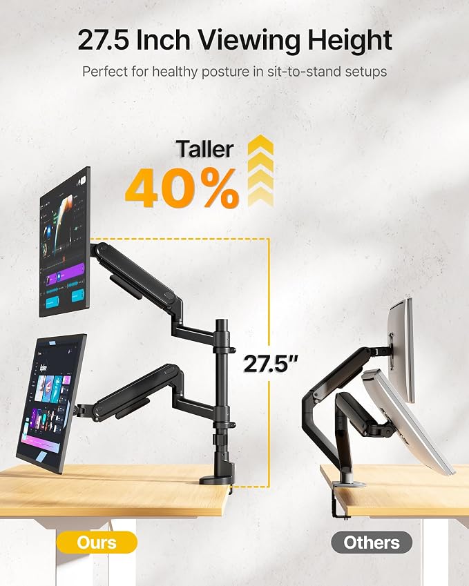 monTEK Dual Monitor Arm, Vertical Stackable 17–40" Full Motion，Black | Vertical Stackable Mechanical Spring For 17–40"Ultrawide Monitor, Hold Up To 26.4 Lbs Each, Compatible With 75/100 VESA Mount - Image 2