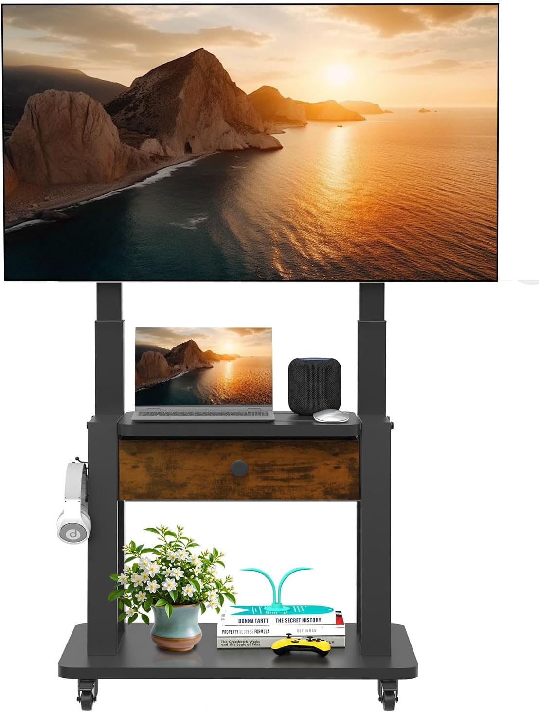 Rolling TV Stand with Fabric Drawer Storage for 32-75 Inch Flat/Curved Screen up to 220lbs LCD/LED/OLED Adjustable Height Mobile TV Cart with Wheels for Home Office Outdoor Max VESA 600x400mm by Hellsehen