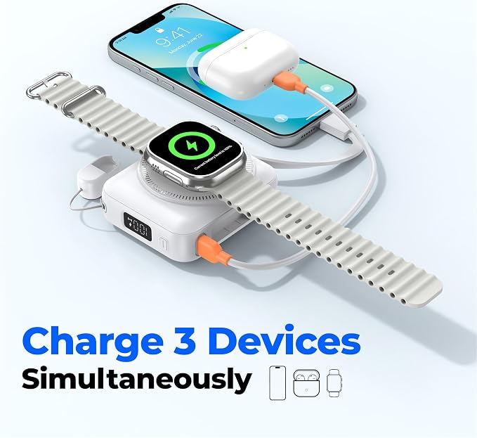 20000mAh Portable Charger 22.5W Fast Charging Power Bank Charge iWatch, Built-in Cables, LED Display, Magnetic Wireless Charging, TSA approved, Pocket Size, for Apple Watch, Phone, AirPods, White - Image 3