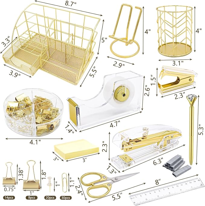 Office Desk Organizers, Gold 13PCS Office Supplies and Accessories Desk Organizer, Acrylic Stapler, Staple Remover, Clips, Scissor, Phone Holder, Pen, Pen Holder - Image 2