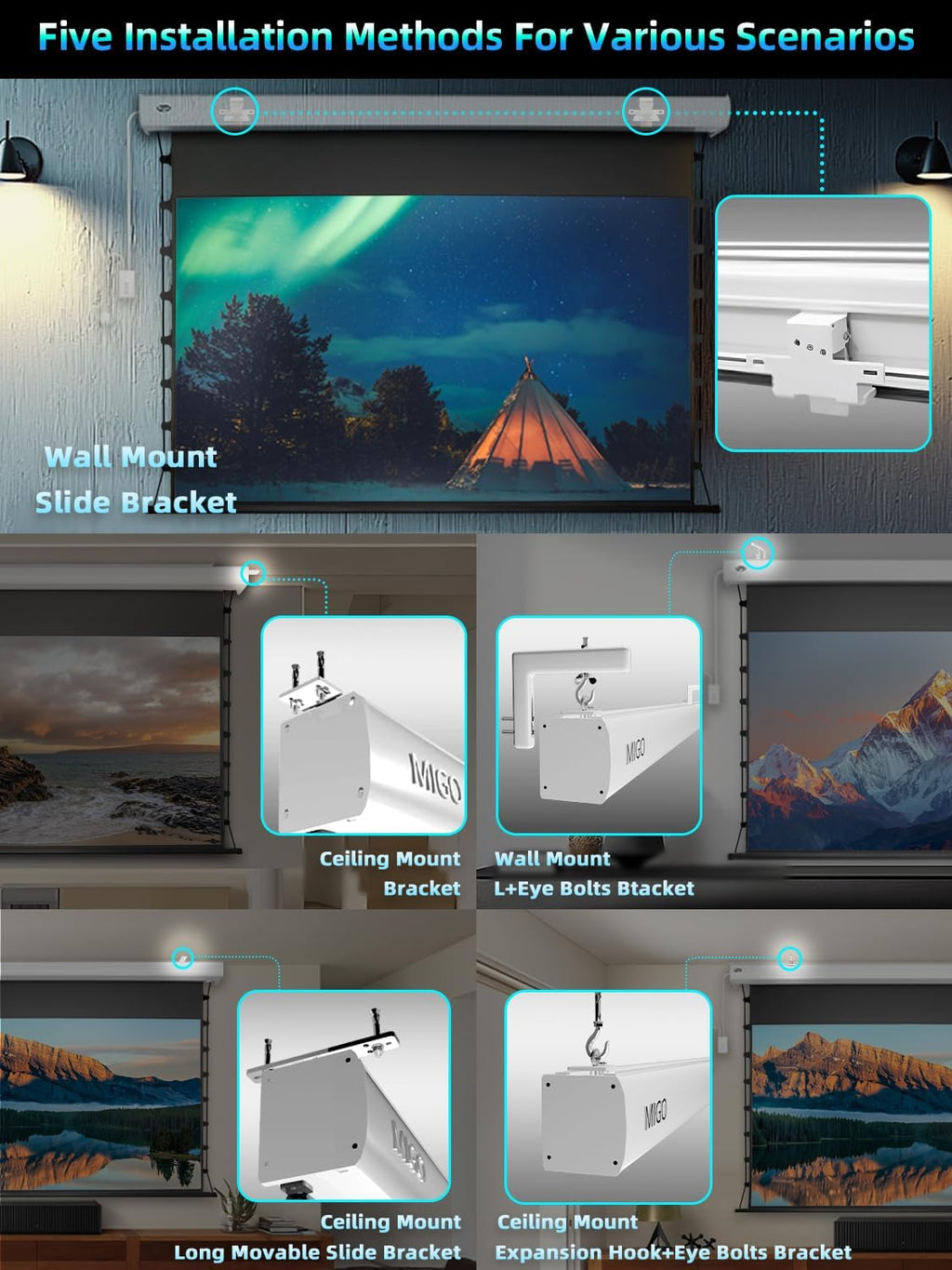 MIGO 100 Inch Tab-Tensioned Projector Screen,Electric Projector Screen Pull Down with 4K HD Partial Ambient Light Movie Screen,Wall Mount Ceiling Mount Automatic Screen for Indoor Home Theater Bedroom - Image 9