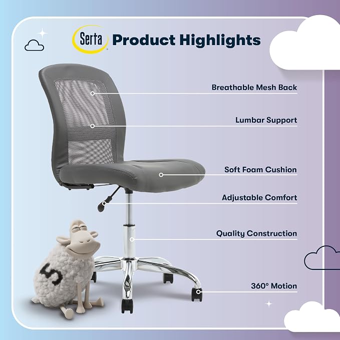 Serta Armless Small Home Desk Chair with Wheels, Ergonomic Mesh Back Chair | Essentials, Leather & Foam Cushion Seat, Adjustable Height, Small Vanity Chair for Bedroom, Desk Chair for Small Spaces, Gray - Image 4