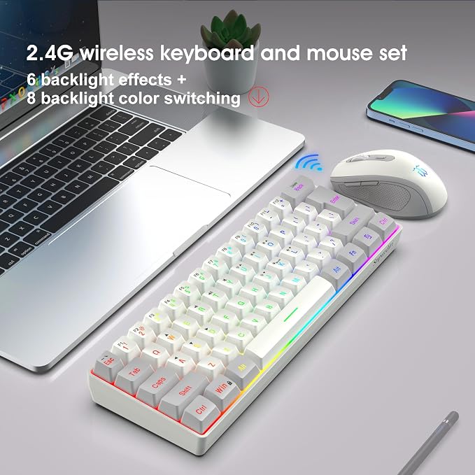 Snpurdiri 2.4G 60% Wireless Gaming Keyboard and Mouse Combo, Grey-White | Include Mini 60% Gaming RGB Backlit Keyboard, Ergonomic Vertical Feel Small Wireless Mouse - Image 7