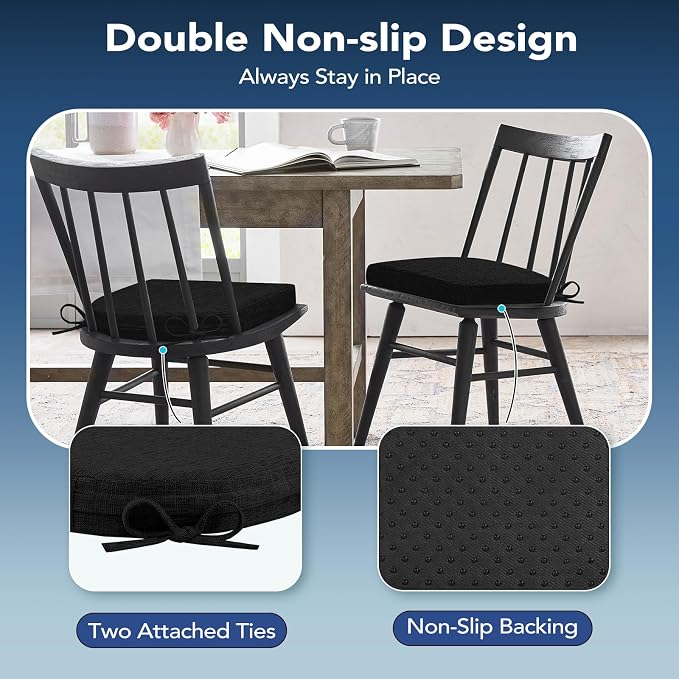 Chair Cushions for Dining Chairs, Non Slip Chair Pads with Ties and Washable Covers, Memory Foam Kitchen Chair Cushions Set of 4, 16"X16"X2.5", Black - Image 5