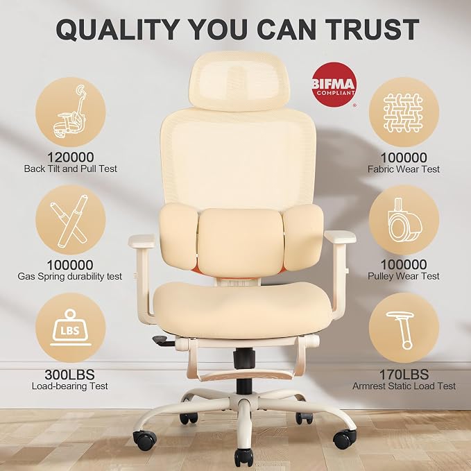 Ergonomic Office Chair with Footrest, Mesh Desk Chair with Adjustable Headrest & Armrests & Dynamic Floating Wing Lumbar Support, High Back Computer Chair for Home Office, BIFMA Certified, Beige - Image 8