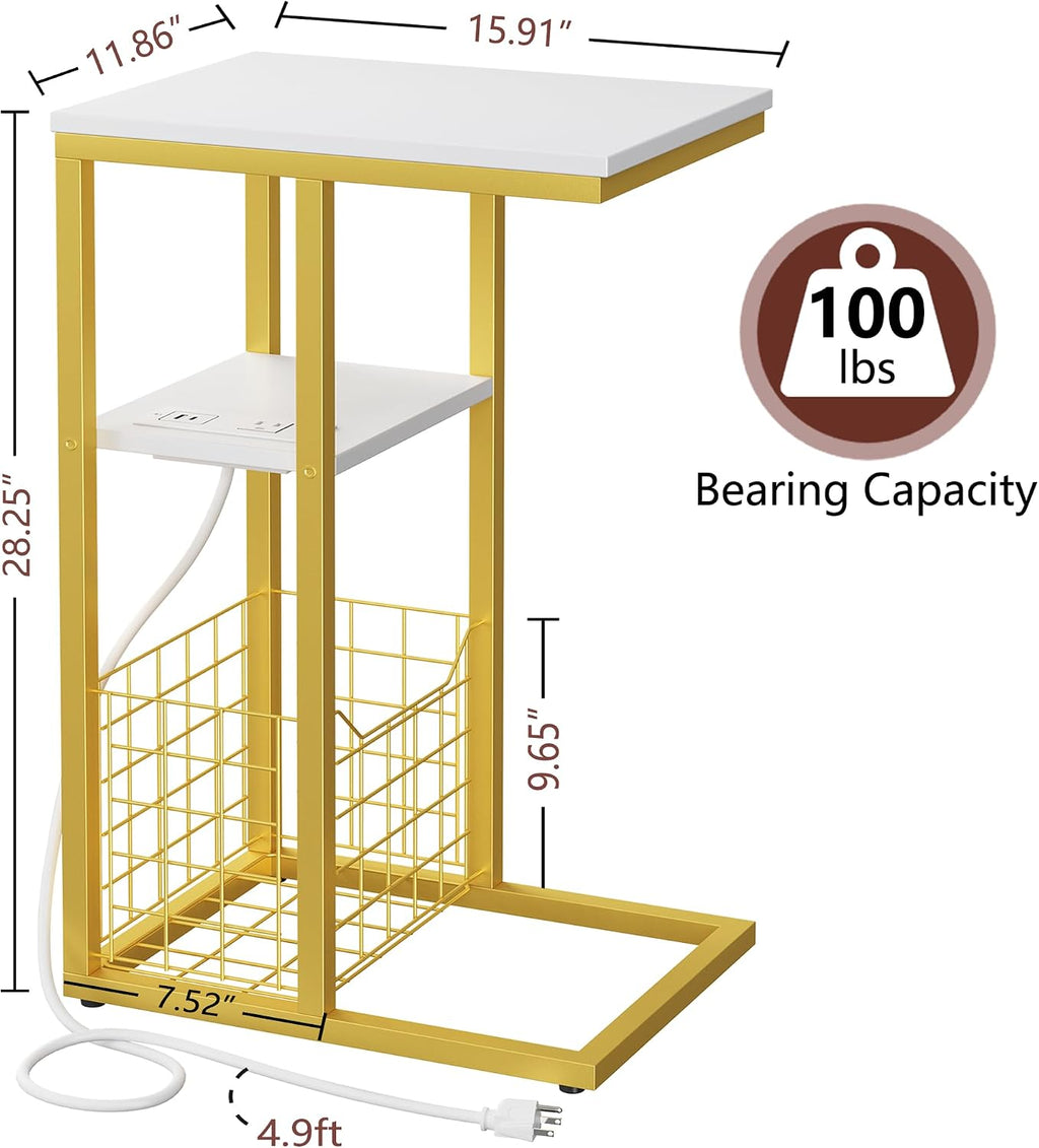 C Shaped End Table with Charging Station, Side Table for Couch, Small Side End Table for Small Spaces, 28" High Slide Under Sofa Table for Coffee, Tv Tray Table for Living Room, Golden - Image 3