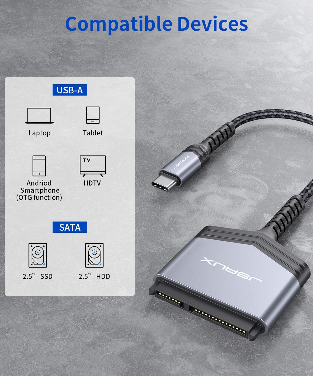 JSAUX SATA to USB C Cable, USB C 3.1 to 2.5” SATA III Hard Driver Adapter Aluminum Shell External Converter Compatible with SSD/HDD Data Transfer-Grey (Pack of 2) - Image 6