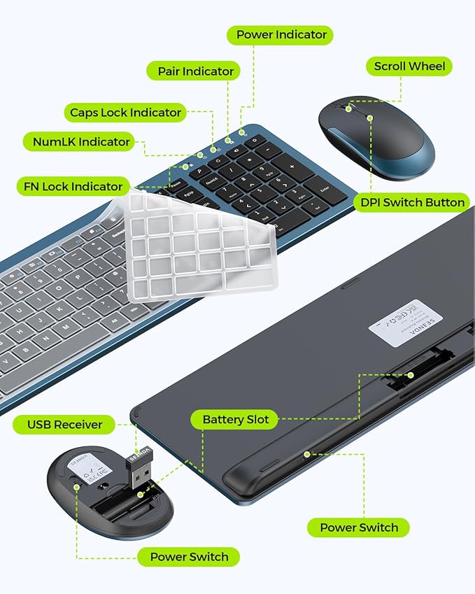 seenda Wireless Keyboard and Mouse Combo, Slim Full-Size Design | Quiet typing and mouse clicks, 2.4G USB receiver, Adjustable DPI mouse, Compatible for Windows PCs/laptops, Black&Blue - Image 6