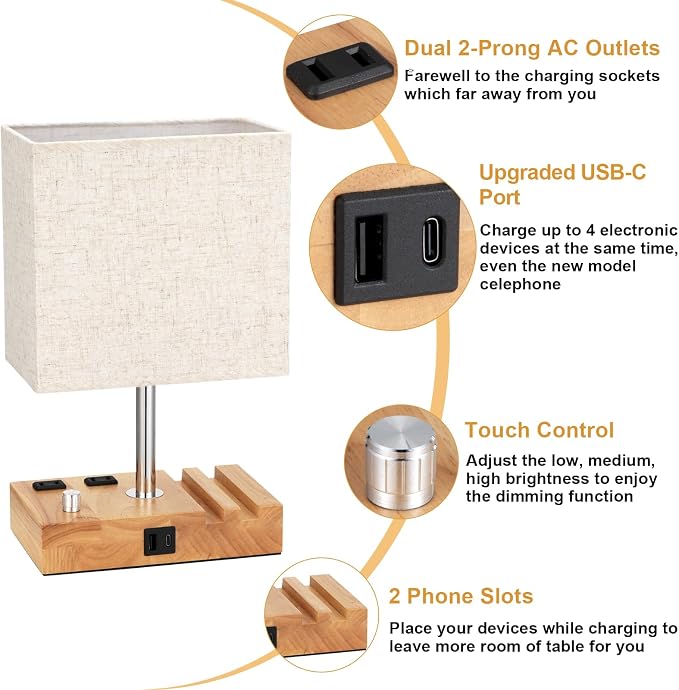 Wood Grain Table Lamp for Bedroom, Stepless Dimmable, USB C+A, 2 AC Outlets | Dimming By Rotary Knob, USB C+A Ports, 2 Phone Stands, LED Bulbs Included, Rectangle Beige Lampshade, for Living Room, Desk - Image 4