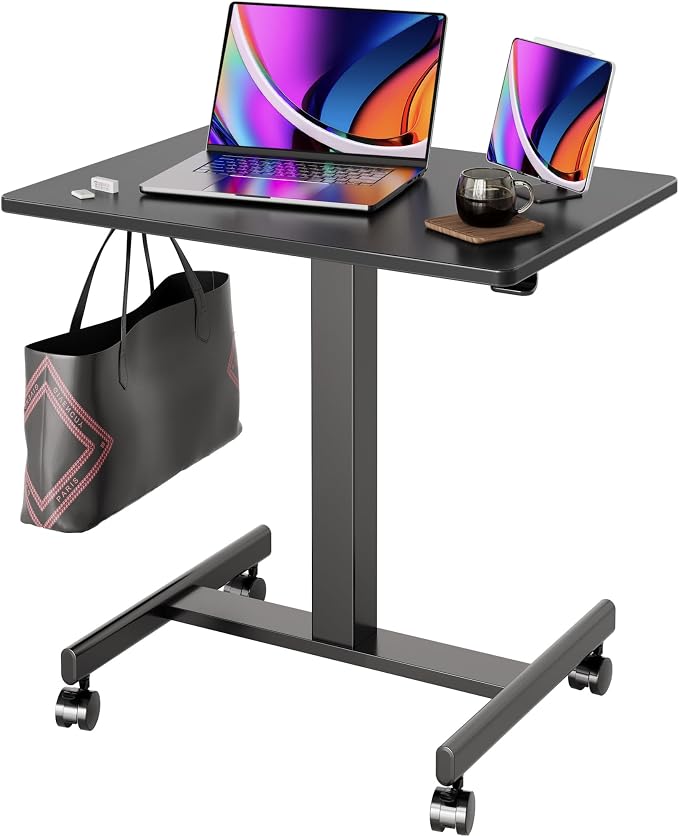Claiks Mobile Rolling Desk Small Portable Laptop Cart on Wheels, 28" Black | Rolling Adjustable Desk, Lockable Wheels, Gas Spring Lift, Side Hook, Easy Assembly by CLAIKS