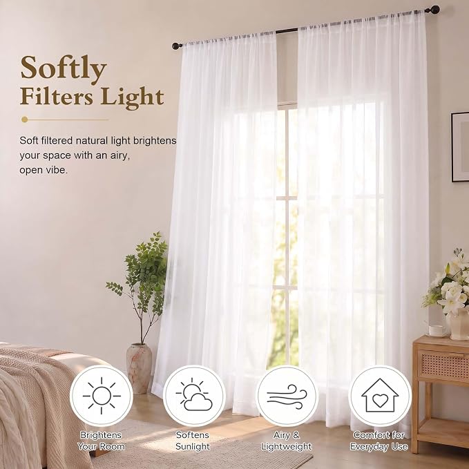 White Sheer Curtains 96 Inches Long 2 Panels for Living Room 52 Wide | Elegant Airy Sheer Curtain for Bedroom, Light Filtering Window Treatments, Rod Pocket, 2pcs Each 52" Width x 96" Long - Image 2