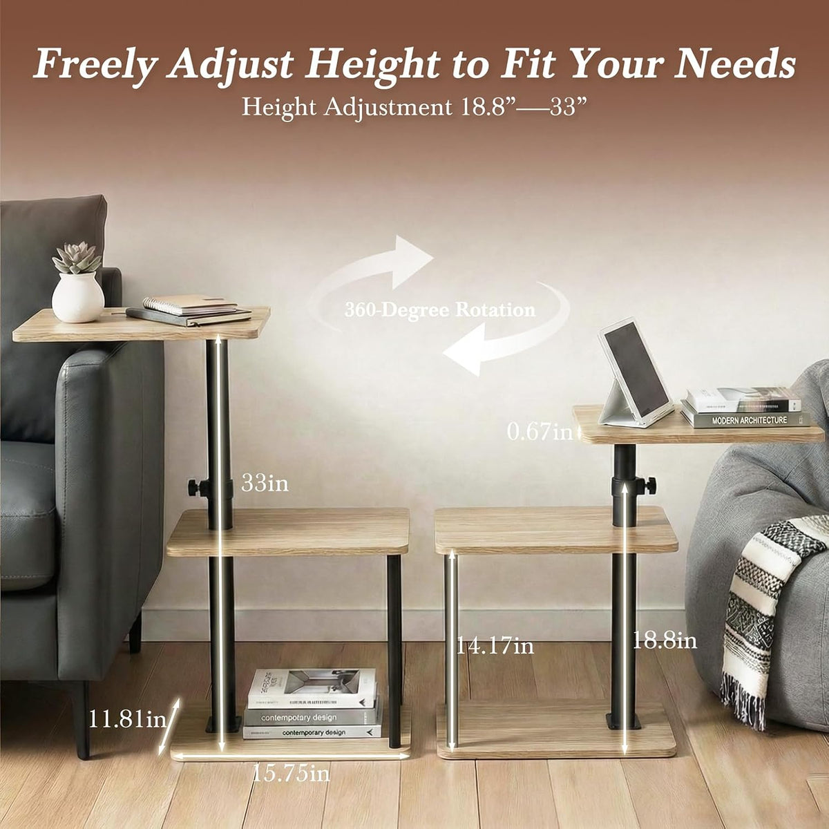 360° Swivel Side Table for Height Adjustable, C Shaped End Table for Couch with Storage, 3-Tier Night Stand with Open Shelf, Tv Tray for Small Spaces, Living Room, Bedroom, Oak - Image 6