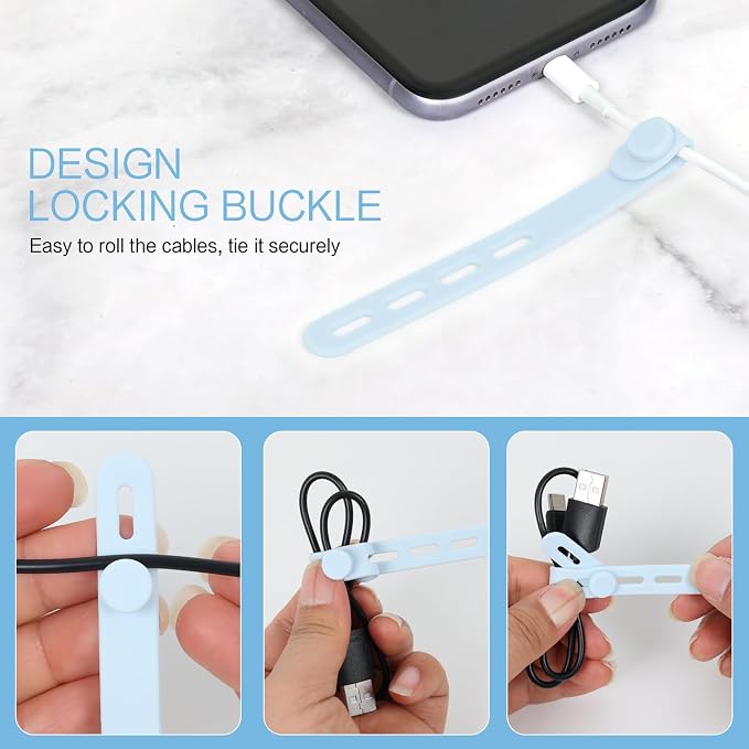 Donruby 24Pcs Silicone Cable Ties, Reusable Cord Organizer Straps, Ice Blue | Adjustable, Multipurpose, 5.12" High-Elasticity Cord Wraps for Bundling Electronics, Home Office Travel Essentials - Image 5