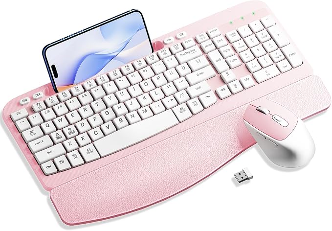 Hayyiesh Ergonomic Wave Keys Wireless Keyboard and Mouse Combo, Full Size with Memory Foam Wrist Rest & Phone Holder, 2.4G Cordless Set with USB-C Adapter for Windows Mac Desktop Laptop (Pink) by Hayyiesh