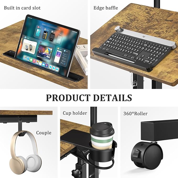 Enayplon Small Standing Desk with Wheels, Mobile Stand Up Desk, Portable Standing Table on Wheels for Walking Pad, Rolling Computer Desk Adjustable Height, Tall Table - Image 8