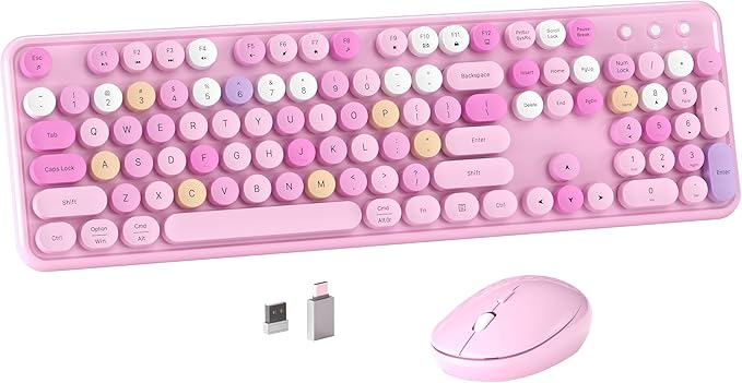 Colorful MPTOG Wireless Computer Keyboard and Mouse Combo (Pink-Colorful) | Retro Round Typewriter Keycaps, Power Switch, Ergonomic Design, 2.4GHz Wireless for Windows, Mac, PC by MPTOG