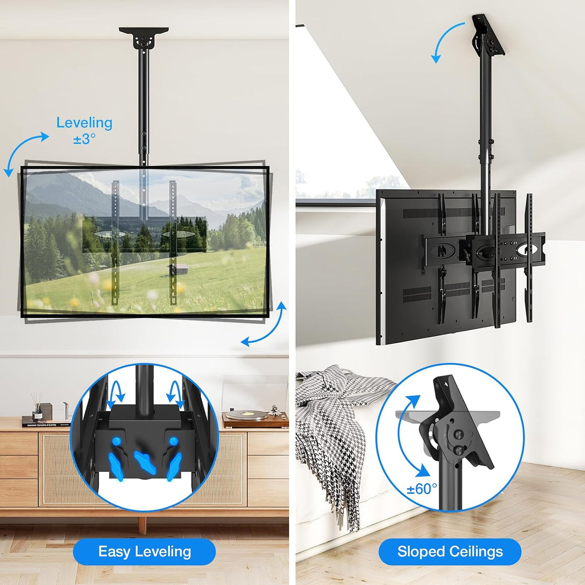 Rfiver Dual Ceiling TV Mount, 360° Swivel Tilt Bracket for 32-65 Inch TVs - Image 4